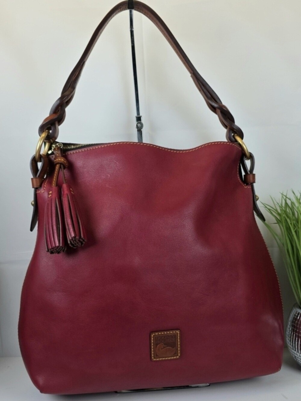 Dooney & Bourke Florentine  Hobo Burgundy Leather Shoulder Bag Braided Strap